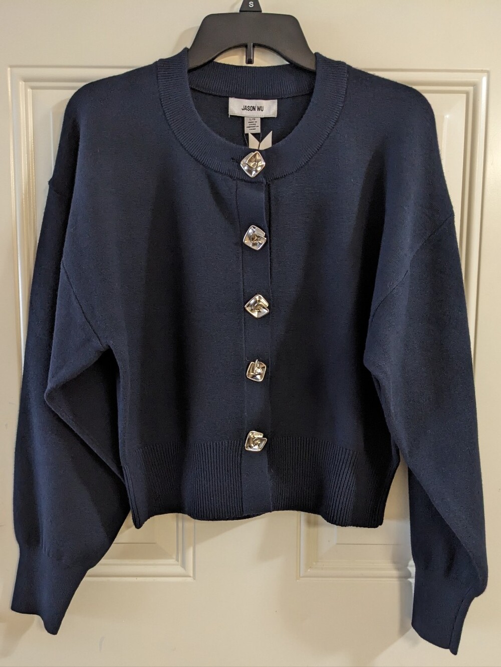 Jason Wu Dark Navy Crewneck Cardigan with Decorative Silver Buttons